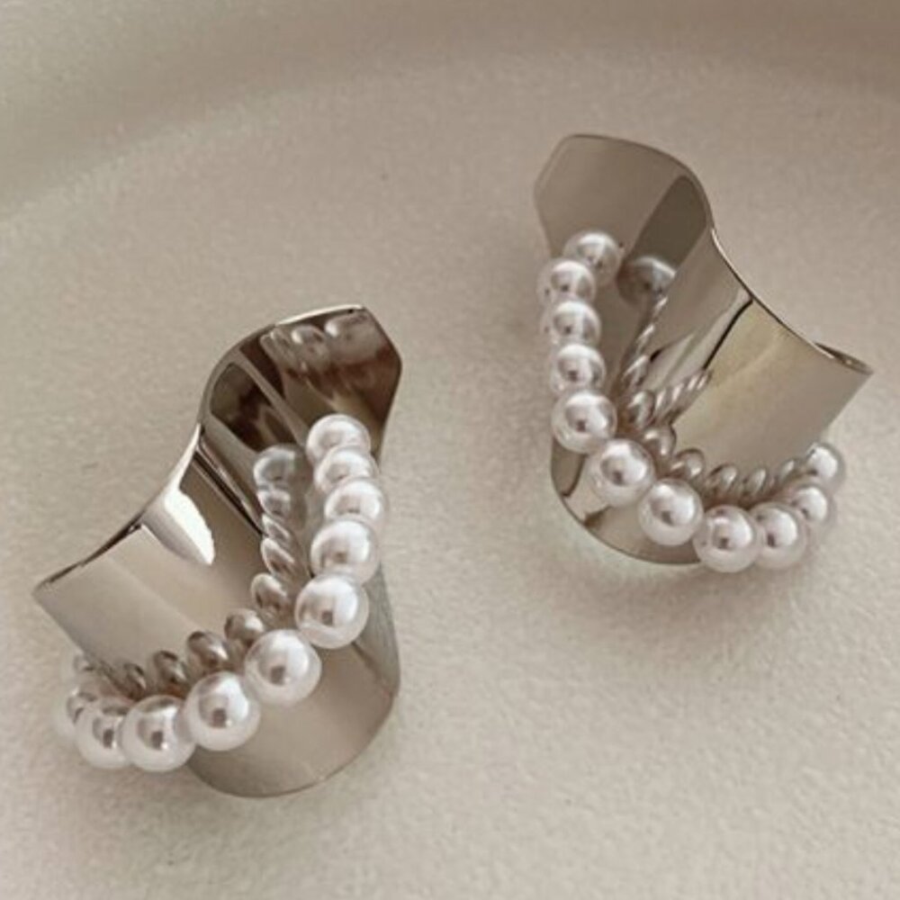 CHICWISH - Folding Pearl Trim Metal Earrings - Silver